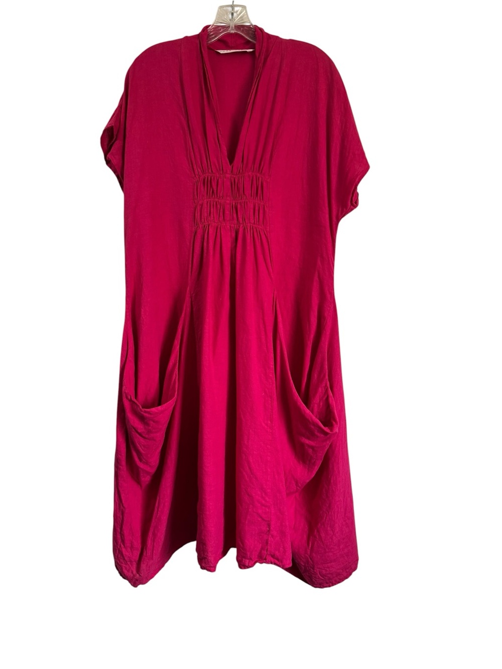 Luna Luz 100% Linen Dress Lagenlook Boho Medium Smock Ruching Artsy Hot Pink